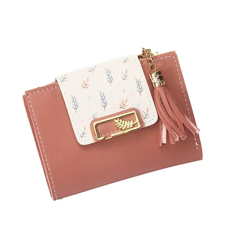 Leaf Purses For Women with Tassel Pendant Card Holder Women's Clutch Bag Short Female Wallet Coin Purse PU Cute Wallet