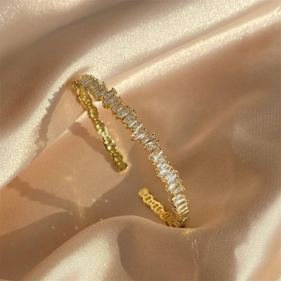 Yupsk Shiny Zircon Hollow Rectangle Link Cuff Bangle Bracelet for Women Luxury Wedding Party Jewelry Women's Gift