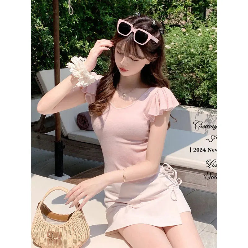 Women Clothes Summer Casual Fashion Simplicity Solid Color V-neck Tops Women's Trend All-match Sweet Temperament Slim T-Shirt