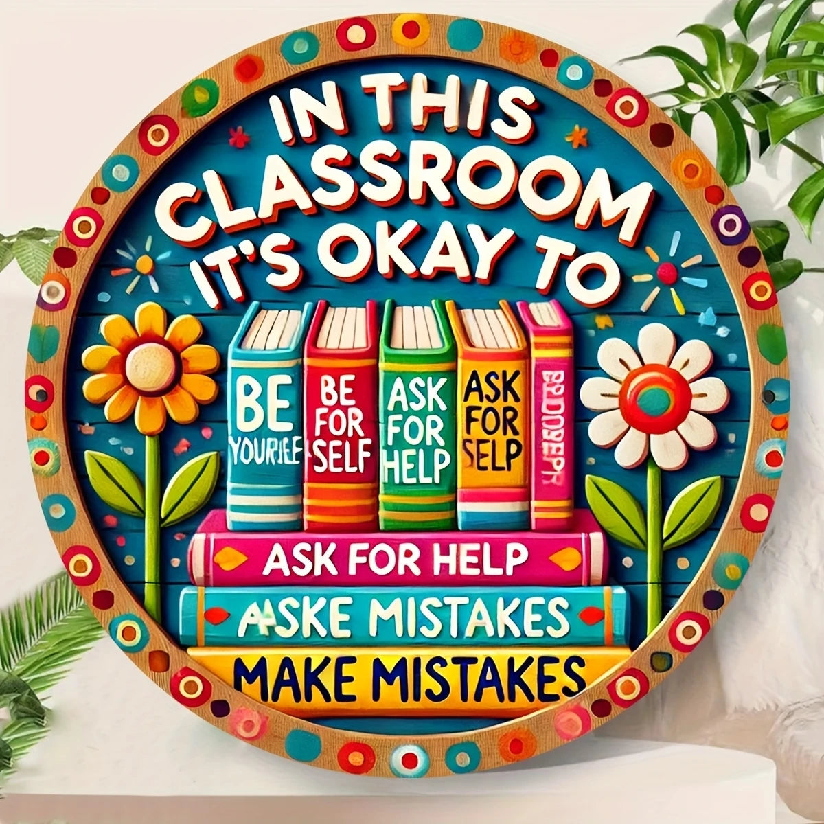 2D Retro Wooden Disc Cartoon Book Flower Design Signboard School Classroom Library After-school Class Door Hanging Decor Gift
