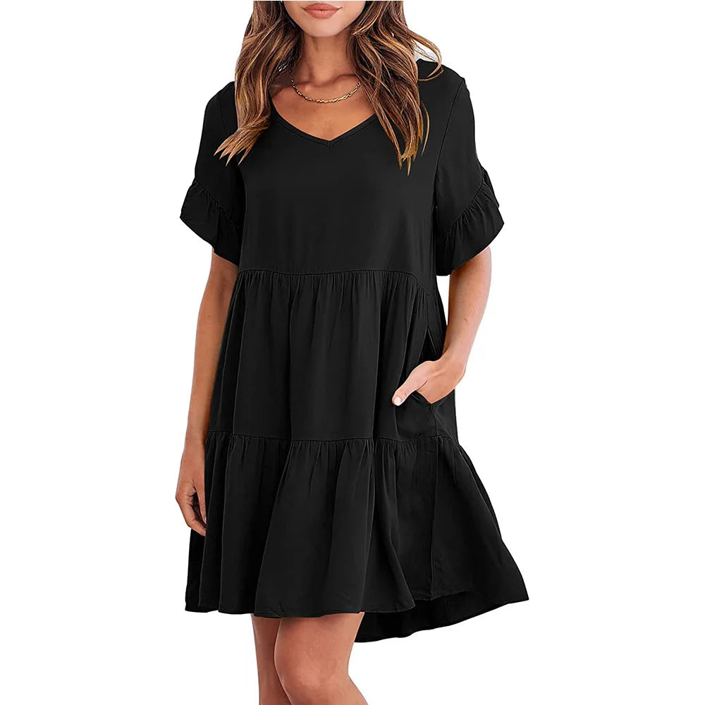Women Clothes Summer Ruffle V Neck Short Sleeve Solid Cotton Beach Midi Dress Trendy Loose Simple Elegant Party Dresses Vestidos