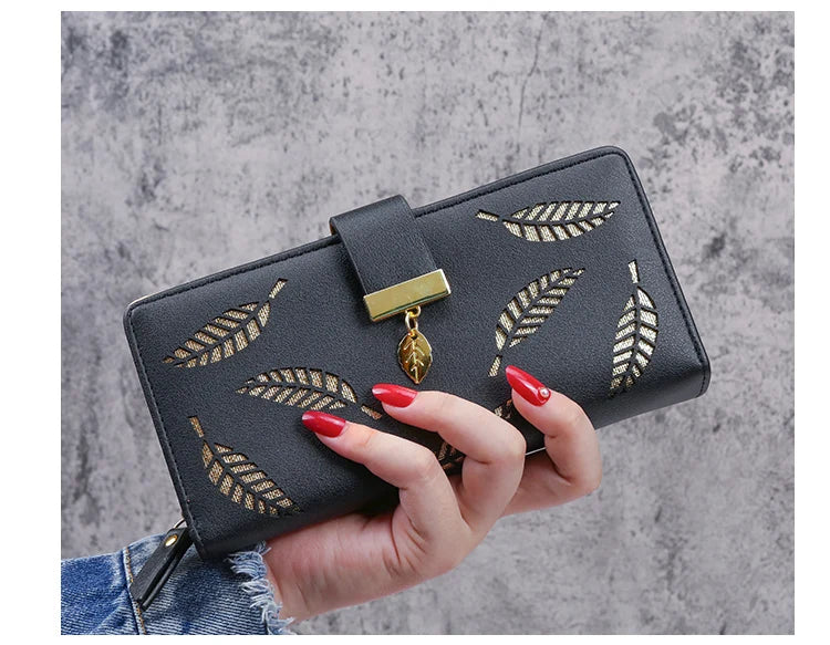 2024 new women's purse sweet lady PU leather horizontal zipper women's medium long hollow leaf purse