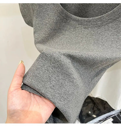 Women's Clothing U-neck T-Shirts Tops Tees pure cotton shoulder sleeved summer solid color slimming short low neck bottom shirt