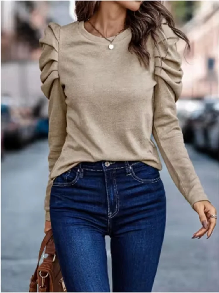 Women's  Round Neck Long Sleeved Pleated Elegant T-shirt Daily Parties Fashionable Commuting Style Autumn Top