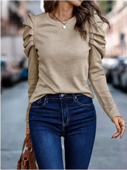 Women's  Round Neck Long Sleeved Pleated Elegant T-shirt Daily Parties Fashionable Commuting Style Autumn Top