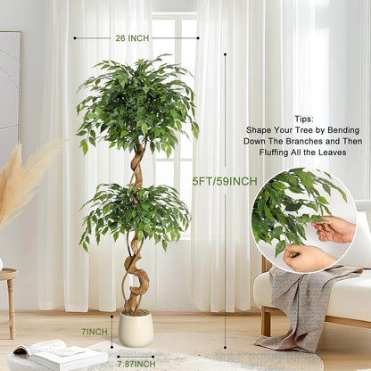 Ficus Tree Artificial, 4FT/5FT/6FT Artificial Plants Indoor in Sturdy White Pot,Indoor Faux Green Tree for Home Decor Indoor
