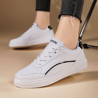Women Casual Shoes Lace Up White Shoes Board Flat Female White PU Leather Walking Sneakers Thick Sole Outdoor Luxury Fashion