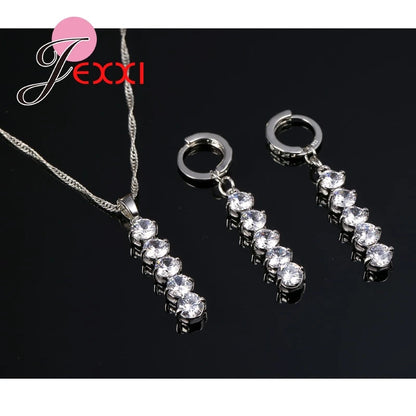 Wedding Women Bijoux Classic Genuine 925 Sterling Silver Cubic Zircon Jewelry Sets Shiny Crystal Necklace Pendant Drop Earrings