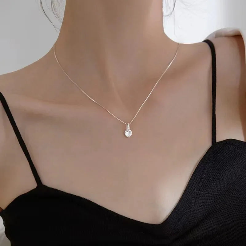 New Women 925 Sterling Silver Jewelry Zircon Fine Round Pendant Necklace Fashion Rhinestone Clavicle Chain Neck Birthday Gift