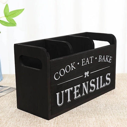 1pc Kitchen With Compartmentalized Cutlery Storage Rack, Rustic Style Wooden Countertop Organizer, Kitchenware Accessories