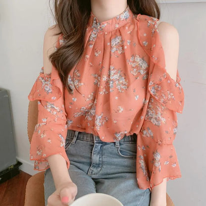Fashion Woman Off Shoulder Blouse Shirts For Women Stylish Top long Sleeve Female Tops Elegant Chiffon Mujer Woman Clothes