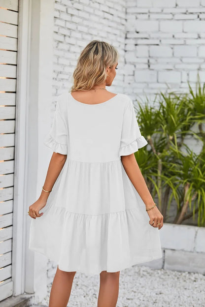 Women Clothes Summer Ruffle V Neck Short Sleeve Solid Cotton Beach Midi Dress Trendy Loose Simple Elegant Party Dresses Vestidos