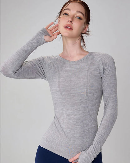 Yoga Clothes for Women, Sports Tops, Round Neck,, Seamless, Slim, Running Shirt Fitness Workout Long Sleeves Gym T shirt, Winter