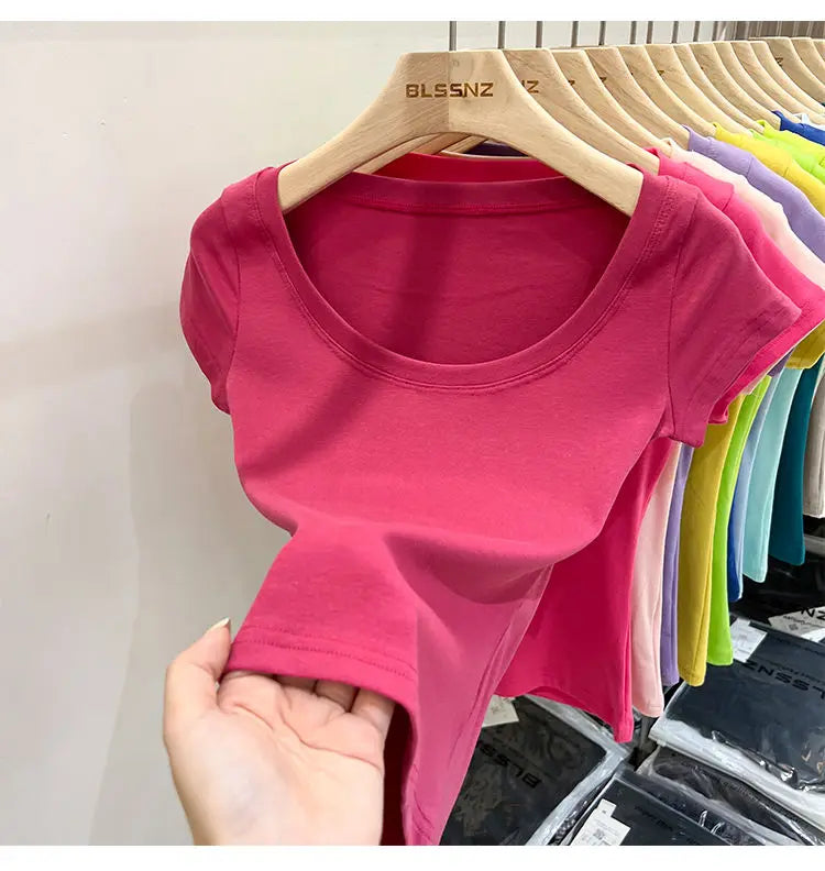 Women's Clothing U-neck T-Shirts Tops Tees pure cotton shoulder sleeved summer solid color slimming short low neck bottom shirt