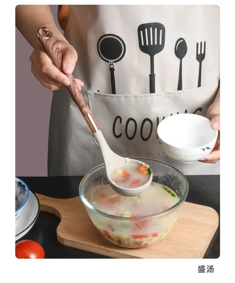 Kitchen Utensils Silicone Cooking Utensils Kitchenware, Gold-plated Wood Grain Handle, Spatula, SpoonsCooking Pots Set