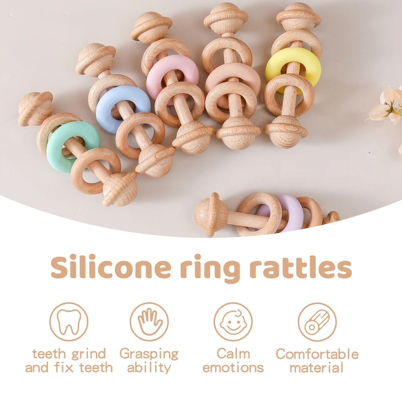 Baby Toys Wooden Rattles Silicone Ring Baby Rattles and Mobiles 0 12 Months Sensory Toys for Baby  Wooden Teether for Baby Gifts