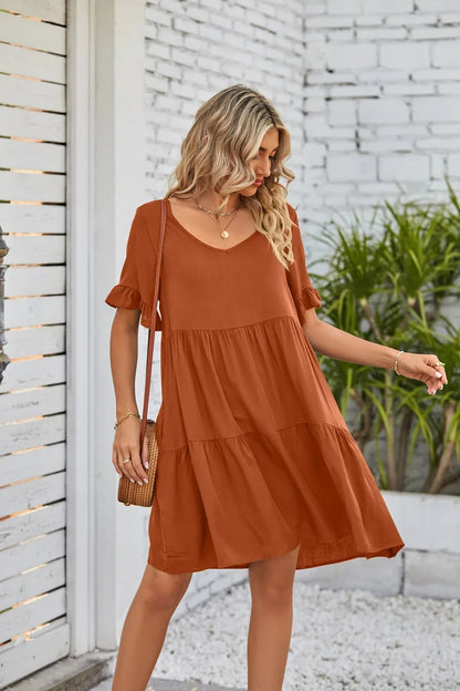 Women Clothes Summer Ruffle V Neck Short Sleeve Solid Cotton Beach Midi Dress Trendy Loose Simple Elegant Party Dresses Vestidos