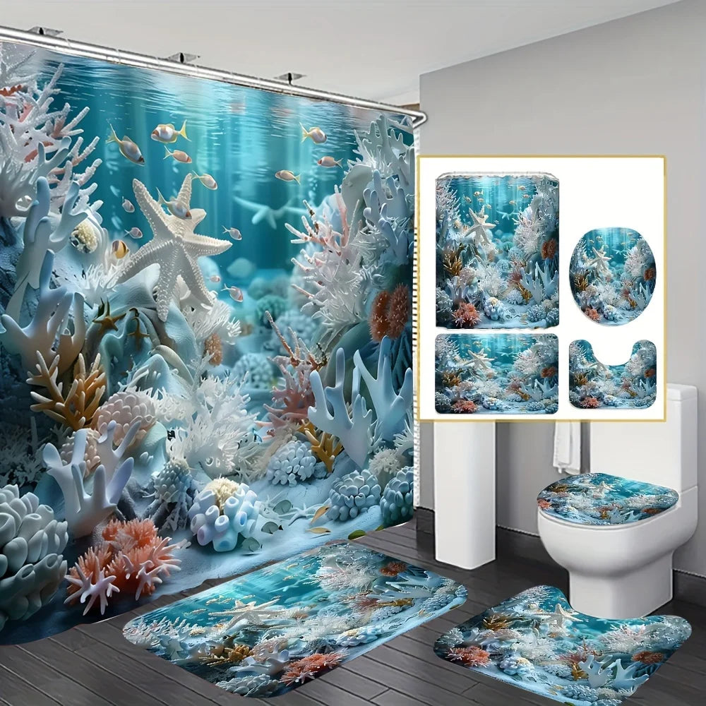 Enchanting Underwater Coral Reef Bathroom Set - Waterproof Shower Curtain, Toilet Lid Cover, Bath Mat, and Contour Mat