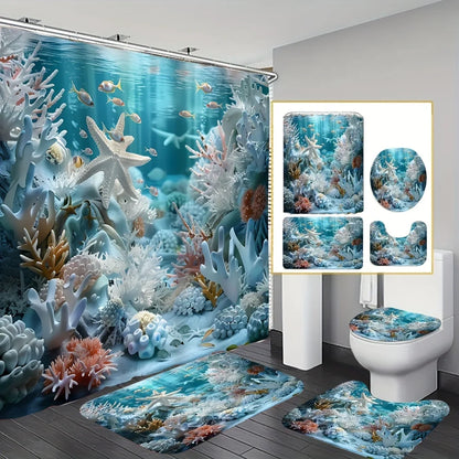 Enchanting Underwater Coral Reef Bathroom Set - Waterproof Shower Curtain, Toilet Lid Cover, Bath Mat, and Contour Mat