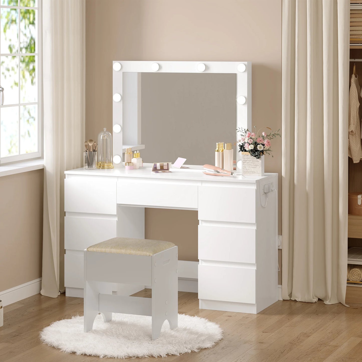 WOLTU Vanity Makeup Desk with LED Lights and Charge Socket Dressing Table with Large Mirror Modern 7 Drawers Bedroom Dresser