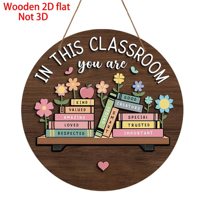 2D Retro Wooden Disc Cartoon Book Flower Design Signboard School Classroom Library After-school Class Door Hanging Decor Gift