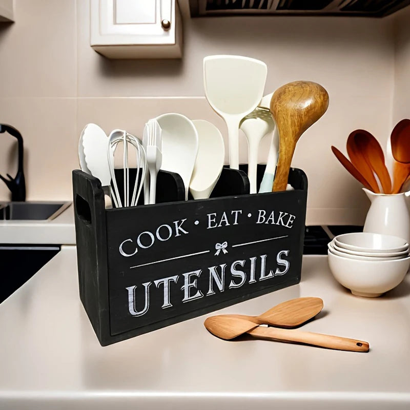 1pc Kitchen With Compartmentalized Cutlery Storage Rack, Rustic Style Wooden Countertop Organizer, Kitchenware Accessories