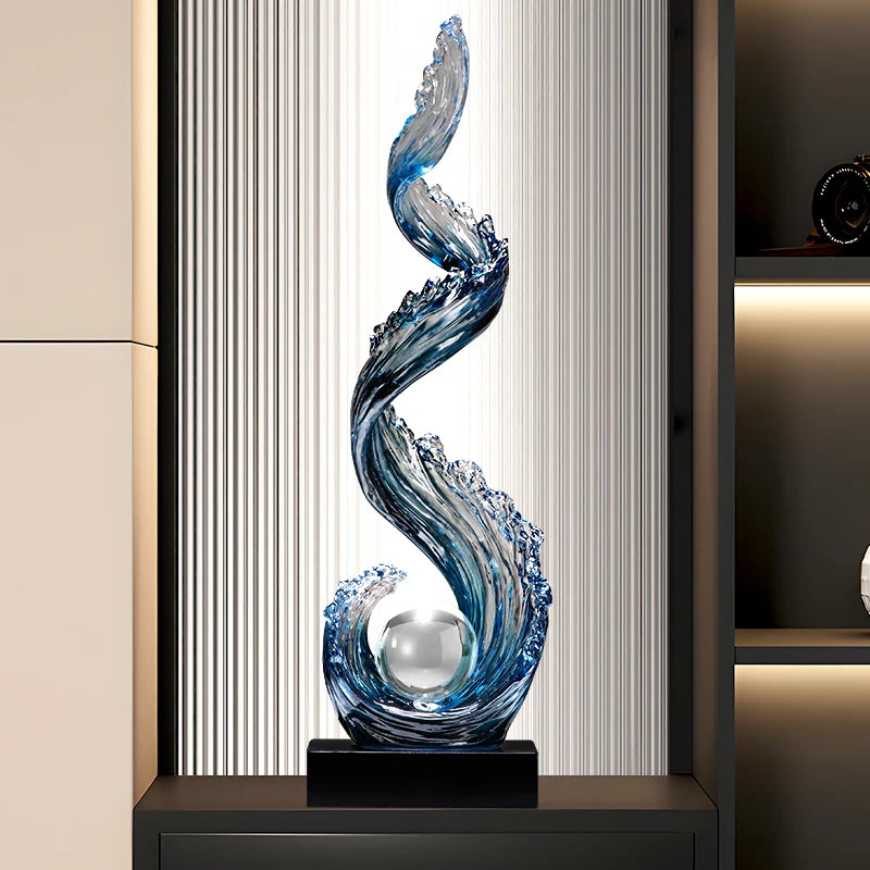 Home Decor Wind and Water Rising Decorations,Blue Resin Sculpture Luxury Living Room Entrance Vertical Art Decoration Customized