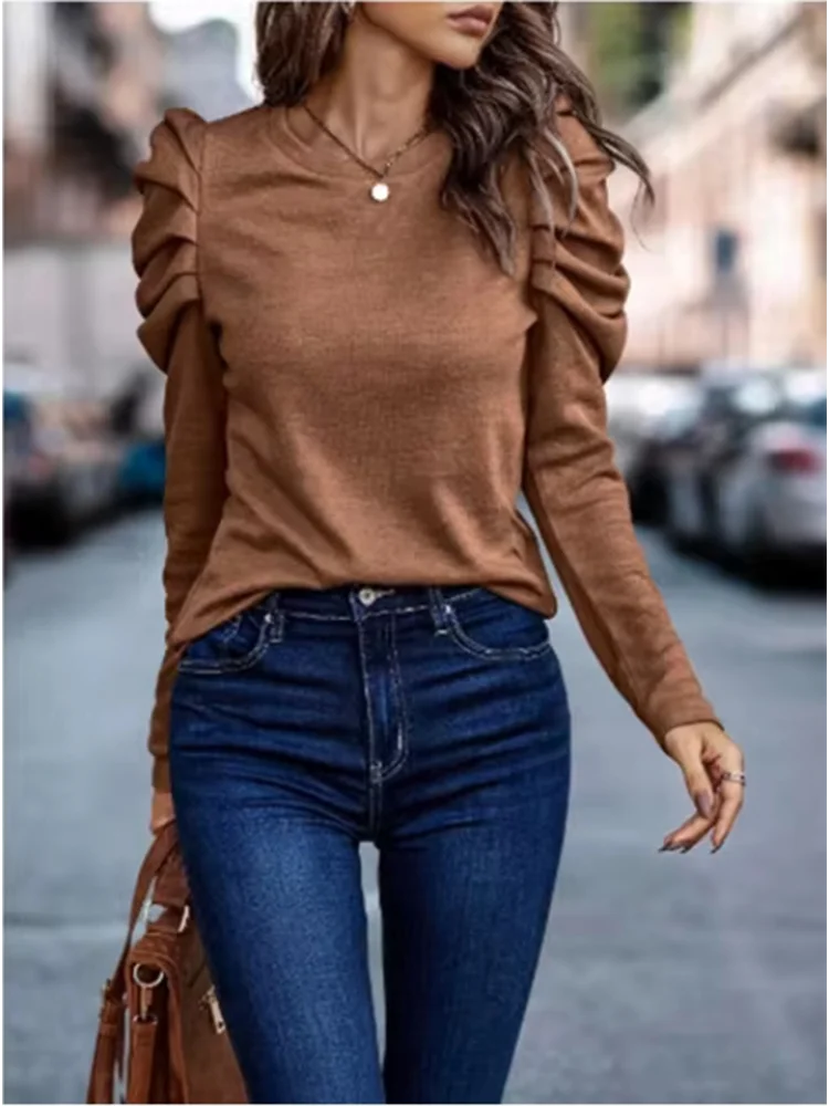 Women's  Round Neck Long Sleeved Pleated Elegant T-shirt Daily Parties Fashionable Commuting Style Autumn Top