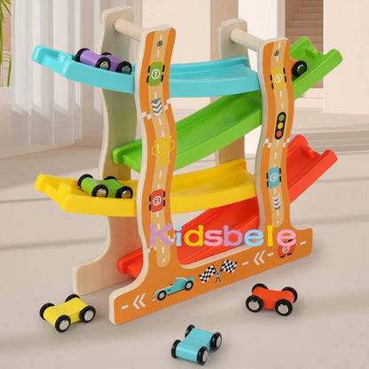 Kids Four-layer Wooden Gliders  Montessori Inertia Track Car Toys Animal And Traffic Theme Early Educational Toys Birthday Gifts