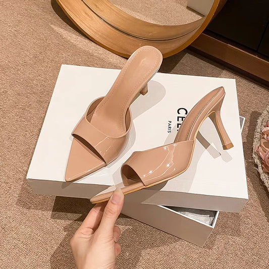 2025 New Slippers Casual Slides Square Toe Low Women Heels Luxury Summer High Thin Soft PU Fashion Concise Fabric Rubber Plastic