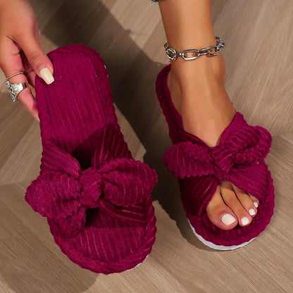 Summer House Slippers for Women Corduroy Cross Bow Indoor Slippers Slip On Bedroom Shoes with Soft Memory Foam Anti-Skid Shoes