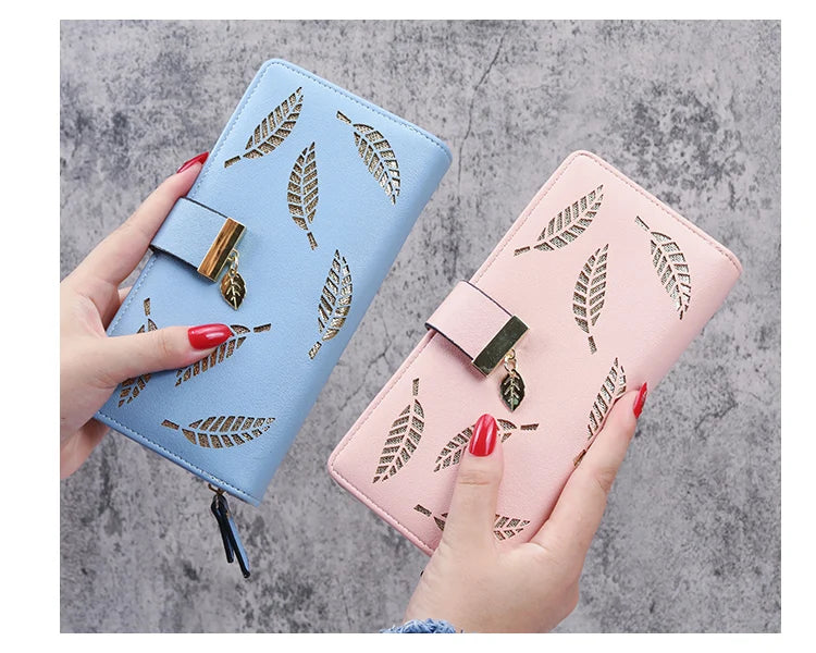2024 new women's purse sweet lady PU leather horizontal zipper women's medium long hollow leaf purse