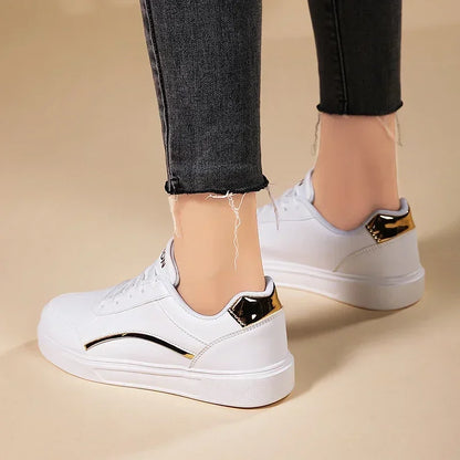 Women Casual Shoes Lace Up White Shoes Board Flat Female White PU Leather Walking Sneakers Thick Sole Outdoor Luxury Fashion