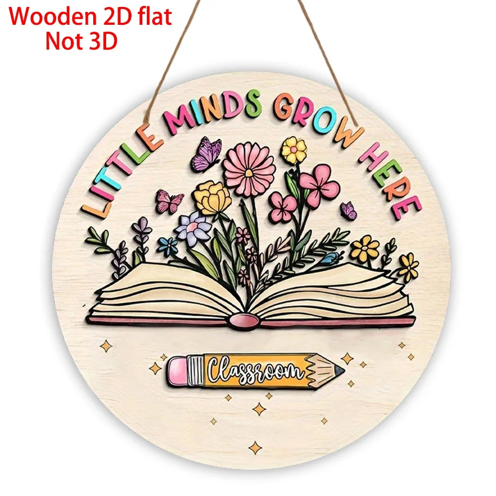 2D Retro Wooden Disc Cartoon Book Flower Design Signboard School Classroom Library After-school Class Door Hanging Decor Gift