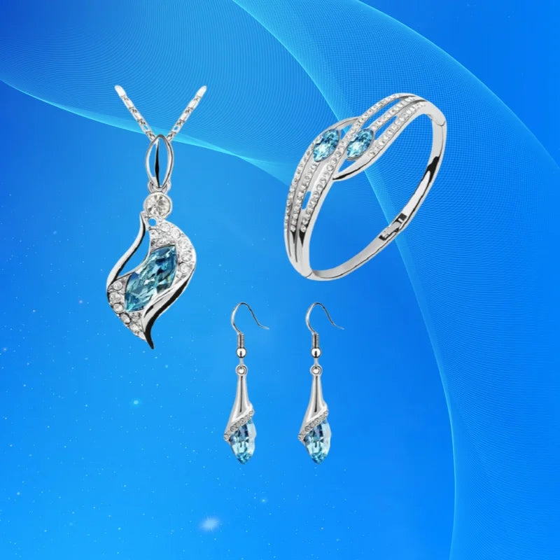 Luxury 925 Sterling Silver Crystal Zircon Pendant Necklace Earring Bracelet Set for Women Girl Wedding Party Trendy Jewelry Gift