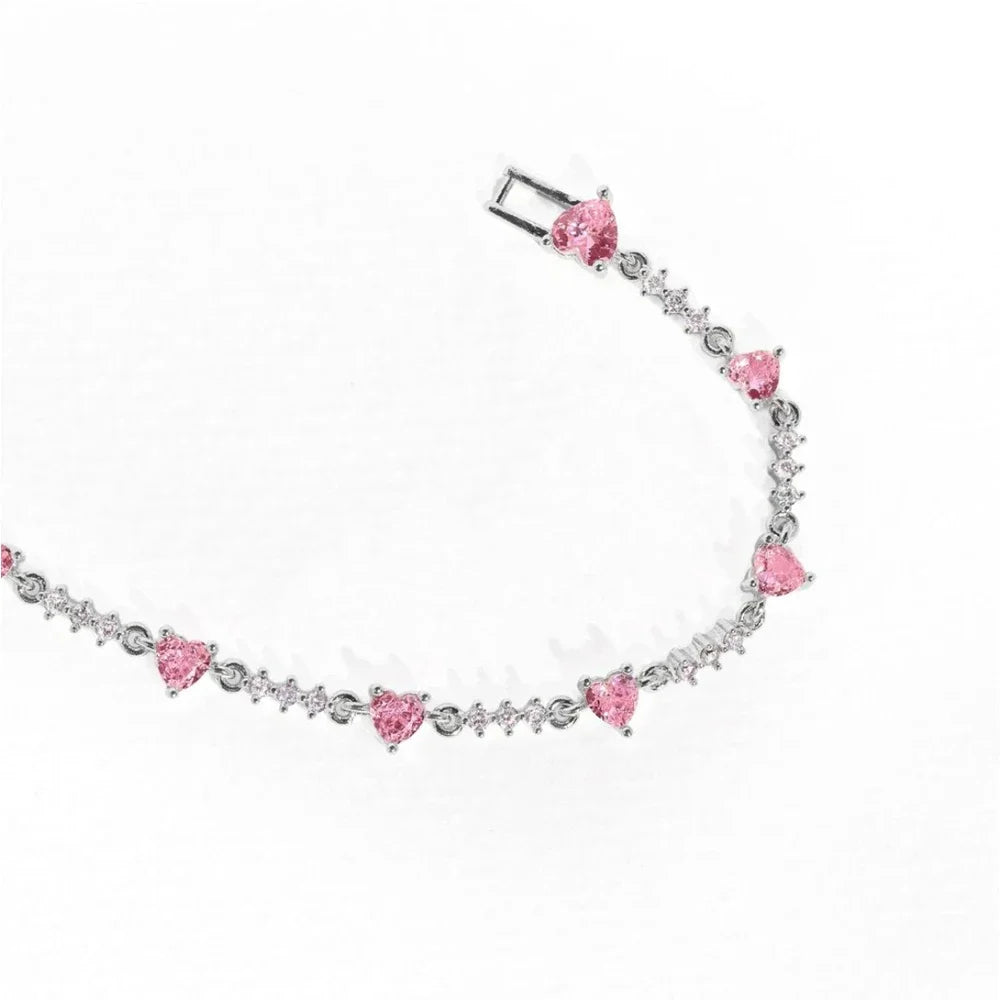 Y2K Exquisite Sweet Pink Zircon Bowknot Love Heart Chain Bracelet For Women Girls Party Birthday Jewelry Gift