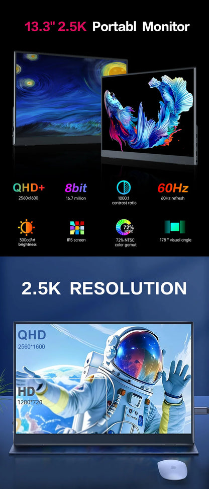 HOWENS Portable Monitor 13.3 inch 2560*1600 60Hz IPS Screen Gaming Monitor Display Super Thin for Switch Xbox PS PC Phone Laptop