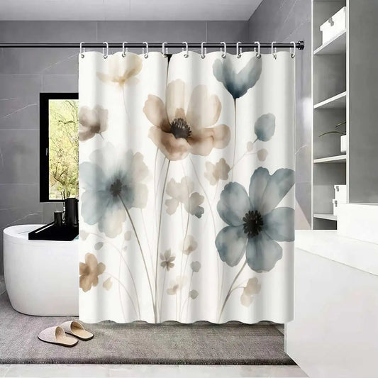 1pc Elegant Floral Print Shower Curtain Set with Hooks,Watercolor Flower Design, Lightweight Polyester,All-Season Bathroom Decor