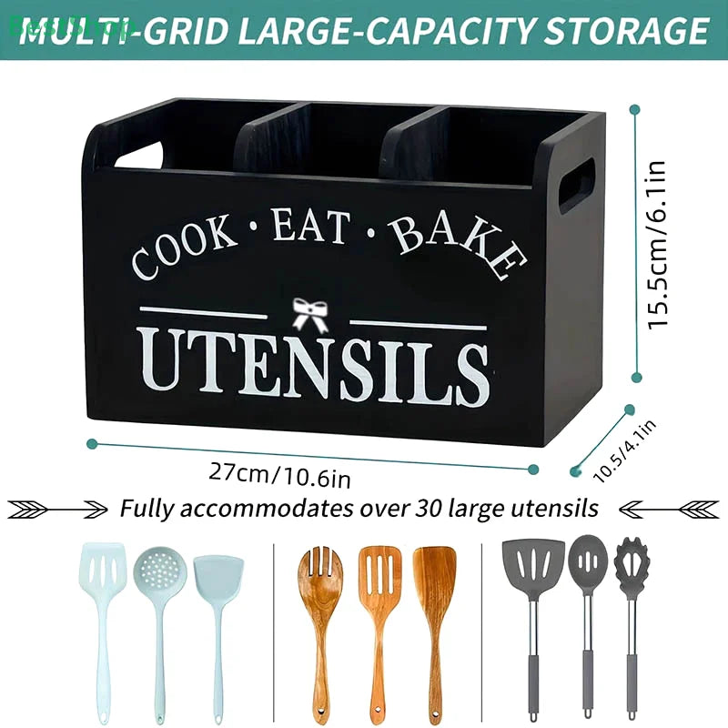 1pc Kitchen With Compartmentalized Cutlery Storage Rack, Rustic Style Wooden Countertop Organizer, Kitchenware Accessories